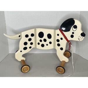 VINTAGE DOG PUSH/PULL TOY WIGGLING WOODEN FLEXIBLE SPOTTY NAME TAG DALMATION